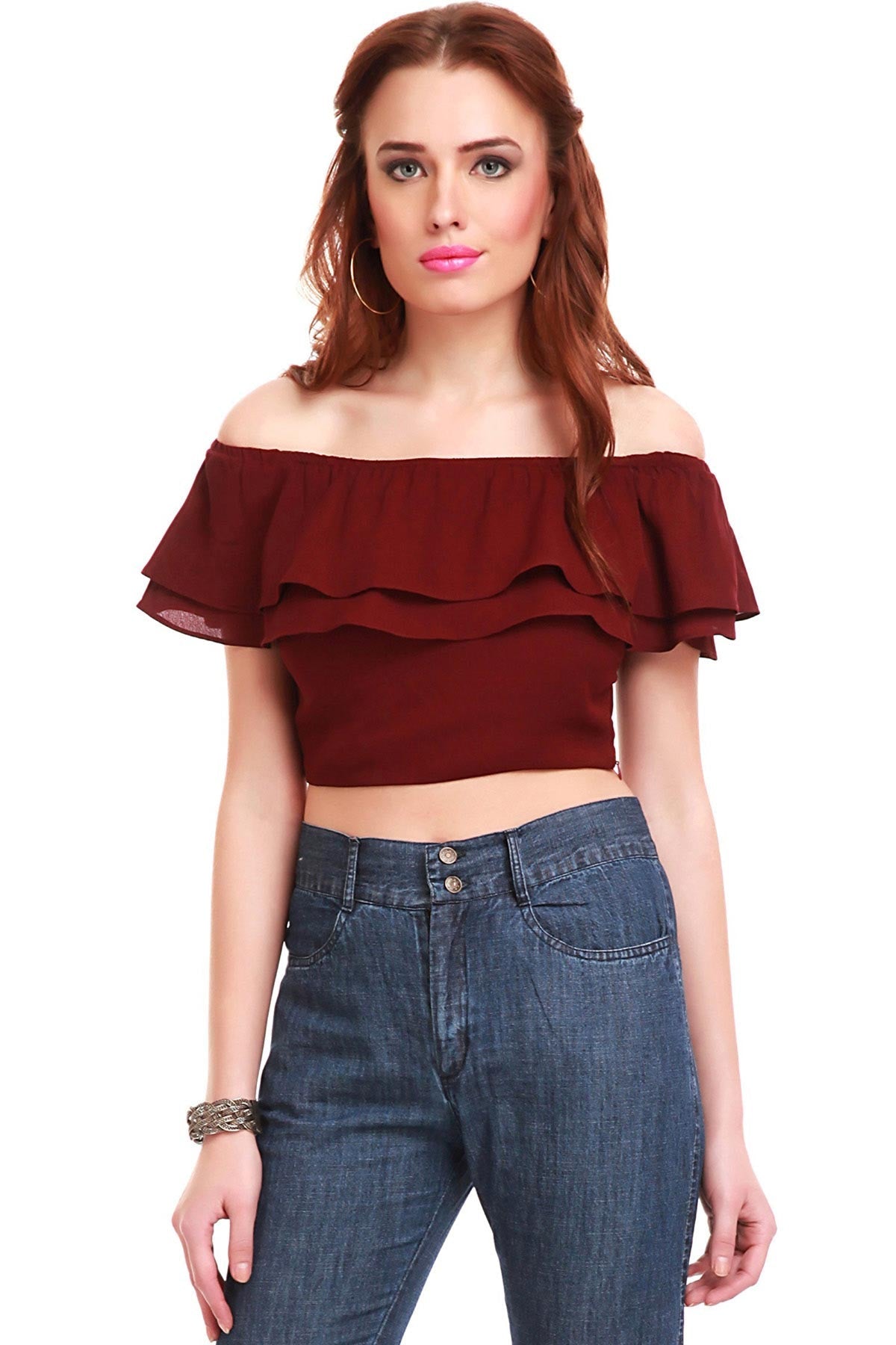 Women's Maroon Frill Crop Top - SASSAFRAS