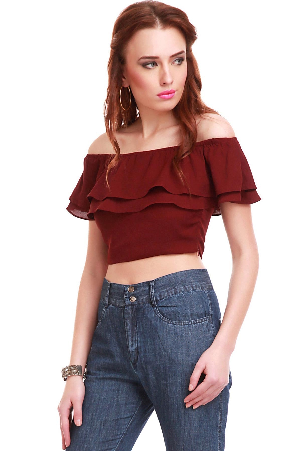 Women's Maroon Frill Crop Top - SASSAFRAS