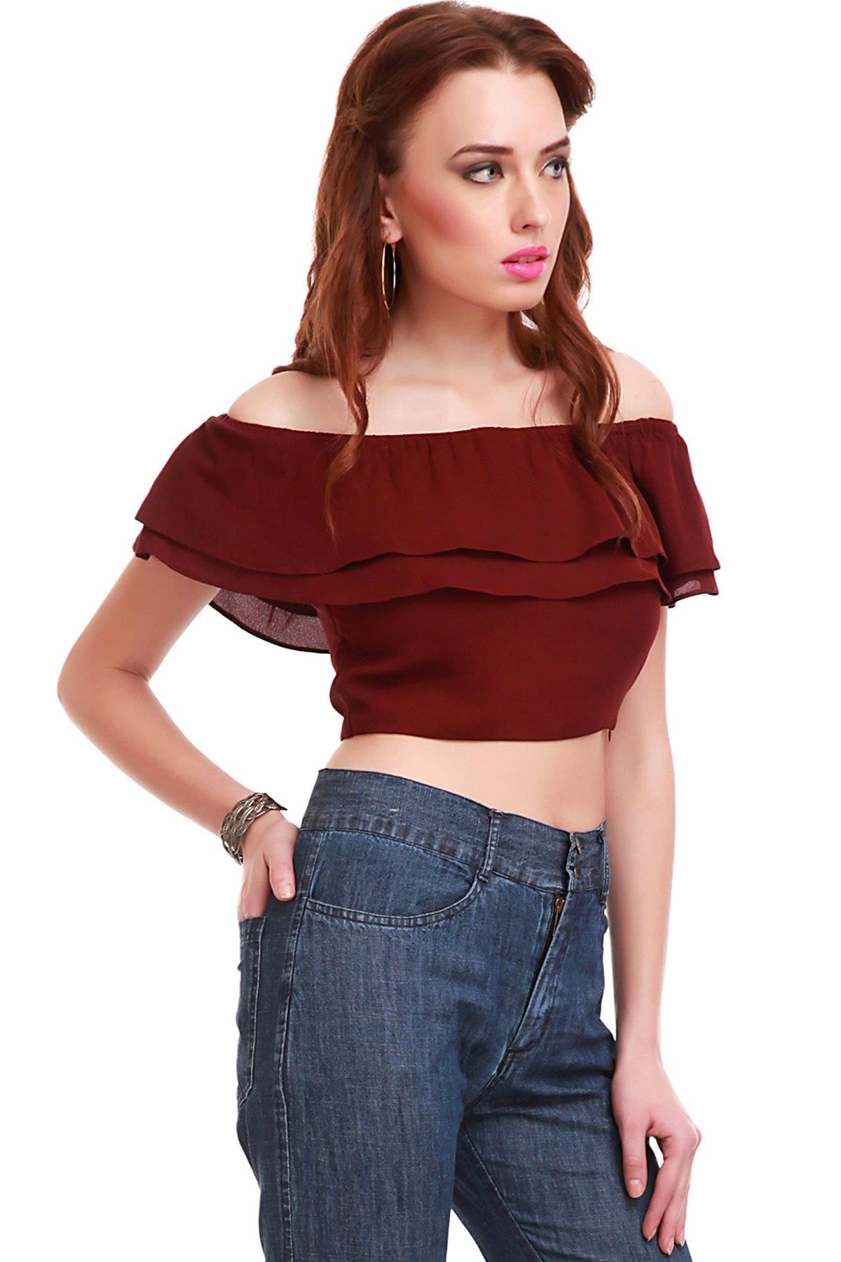 Women's Maroon Frill Crop Top - SASSAFRAS