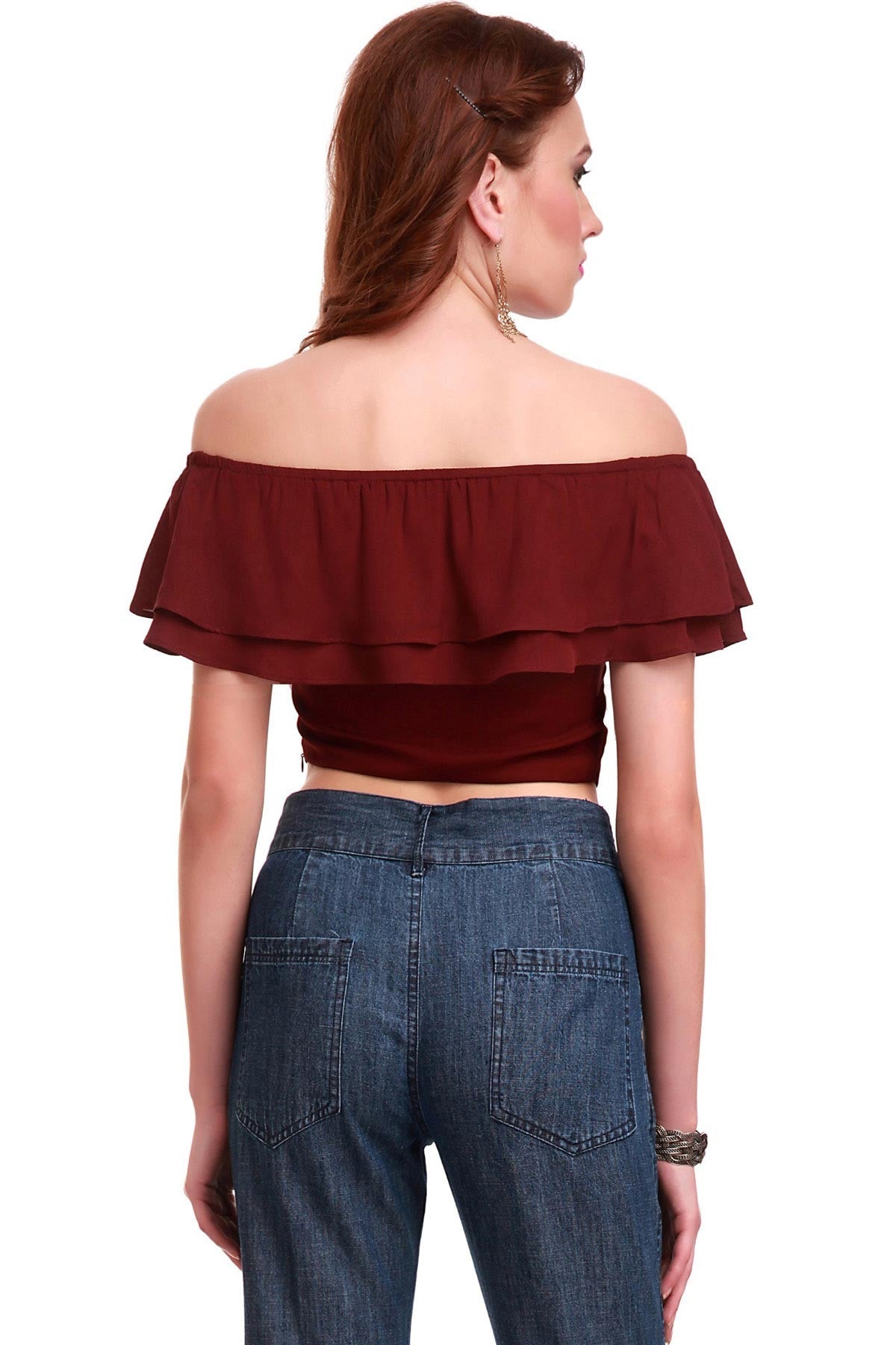 Women's Maroon Frill Crop Top - SASSAFRAS