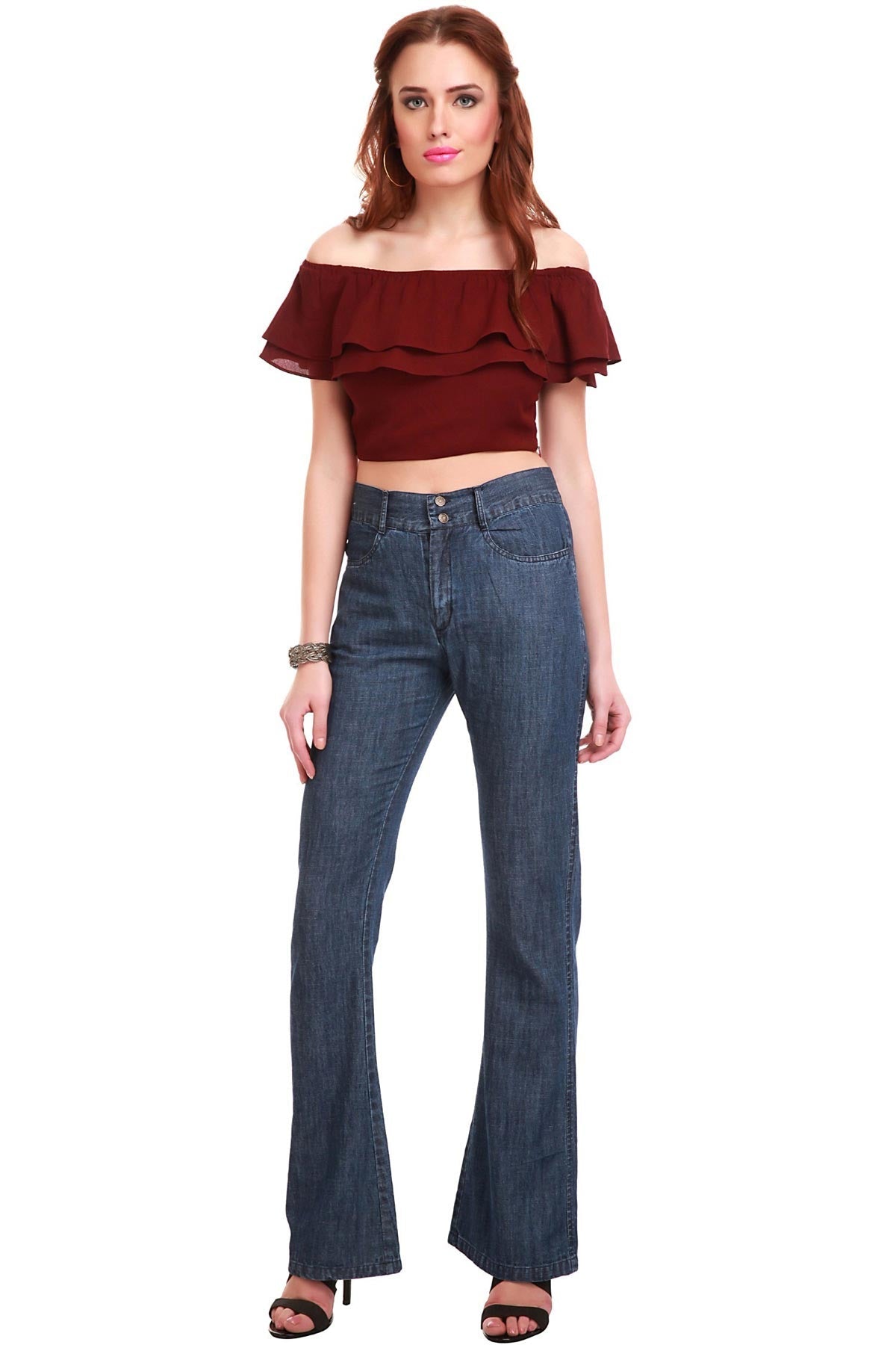 Women's Maroon Frill Crop Top - SASSAFRAS