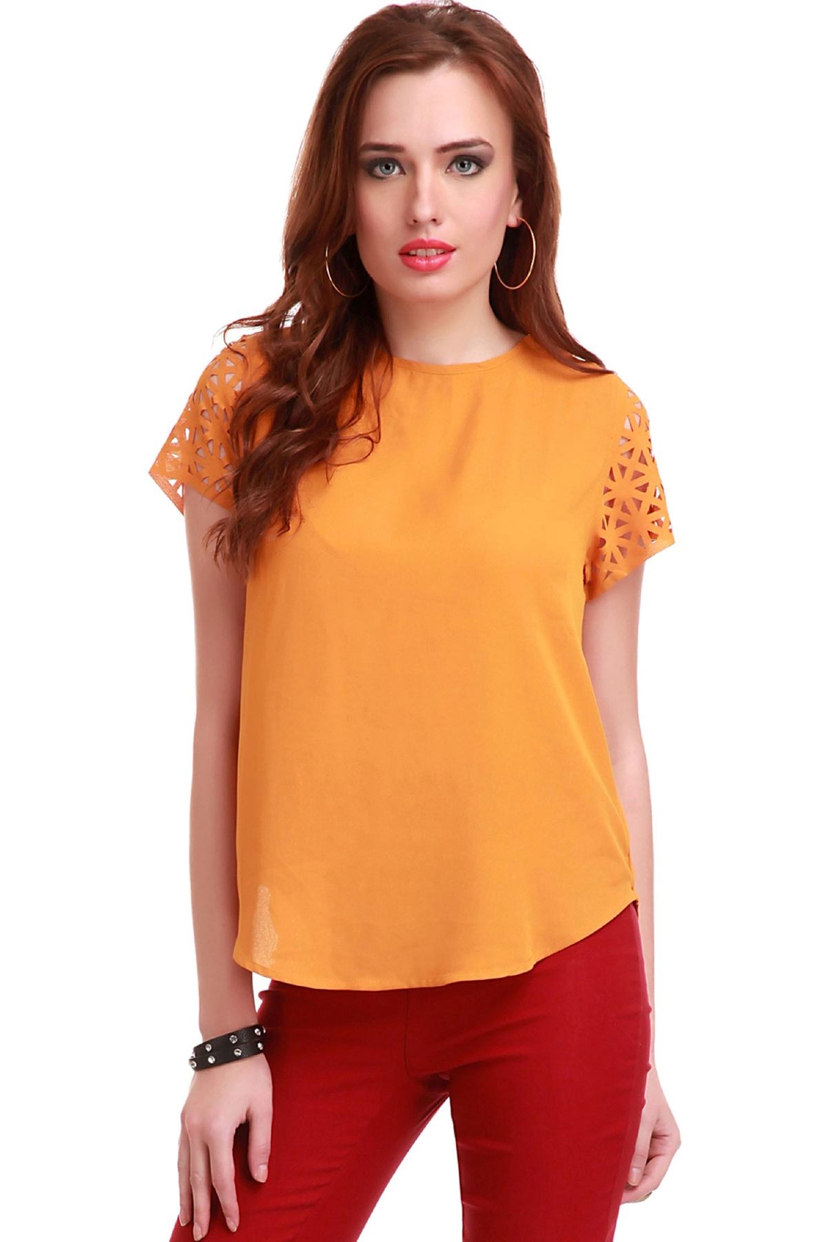 Women's Laser Sleeves Mustard Top - SASSAFRAS