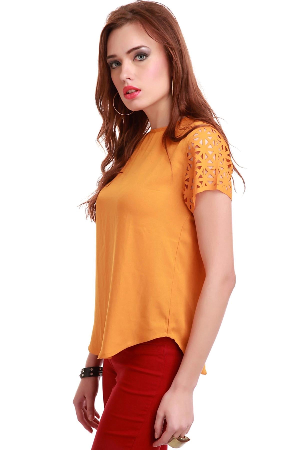 Women's Laser Sleeves Mustard Top - SASSAFRAS