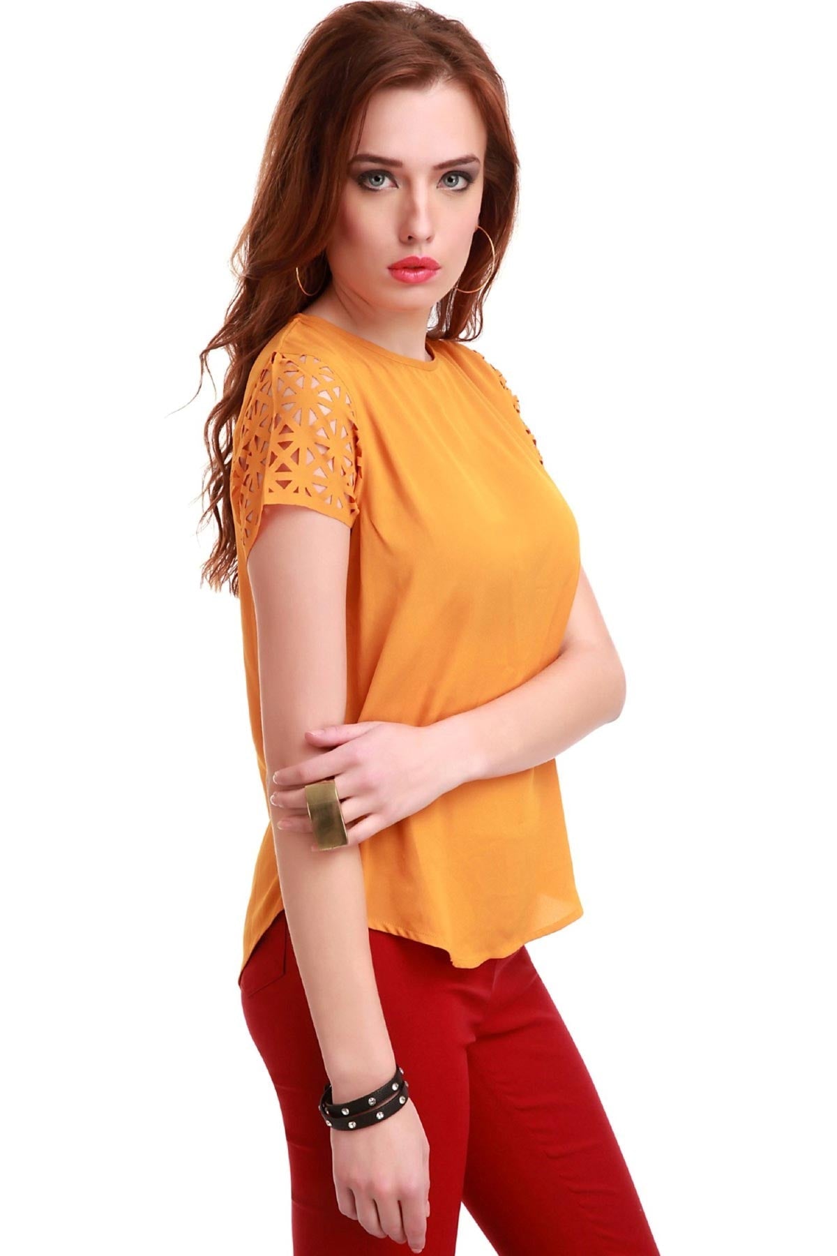 Women's Laser Sleeves Mustard Top - SASSAFRAS