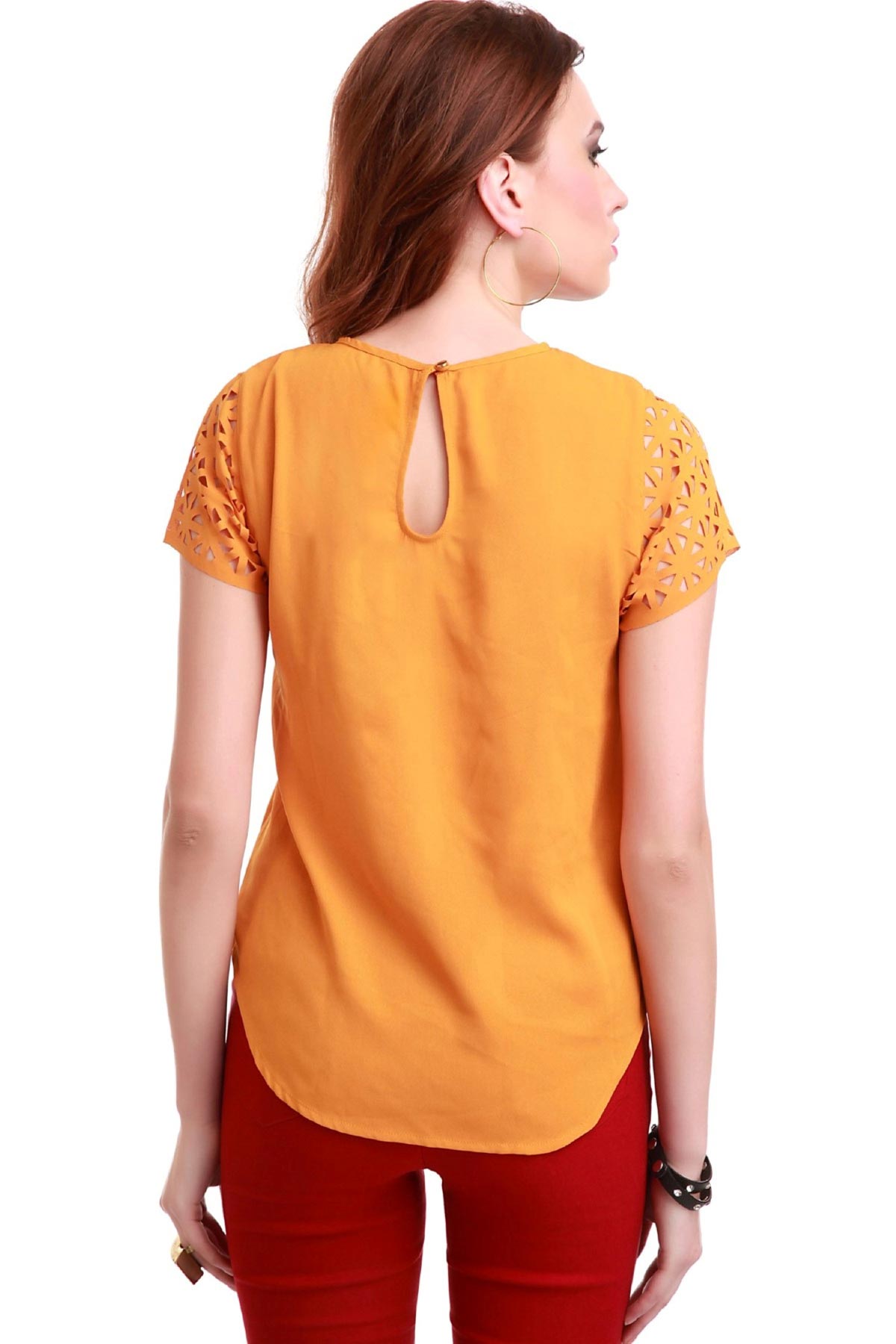 Women's Laser Sleeves Mustard Top - SASSAFRAS