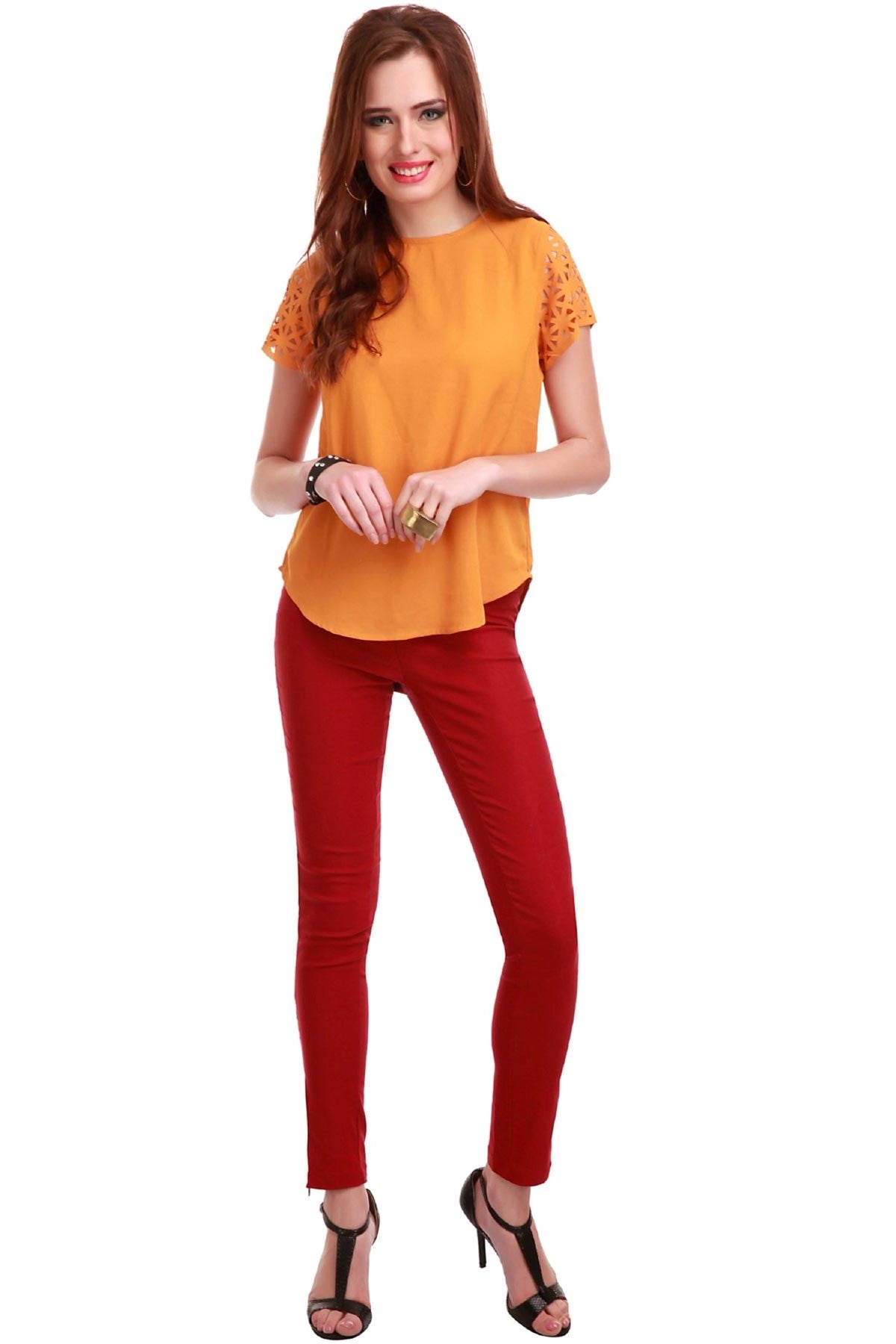 Women's Laser Sleeves Mustard Top - SASSAFRAS