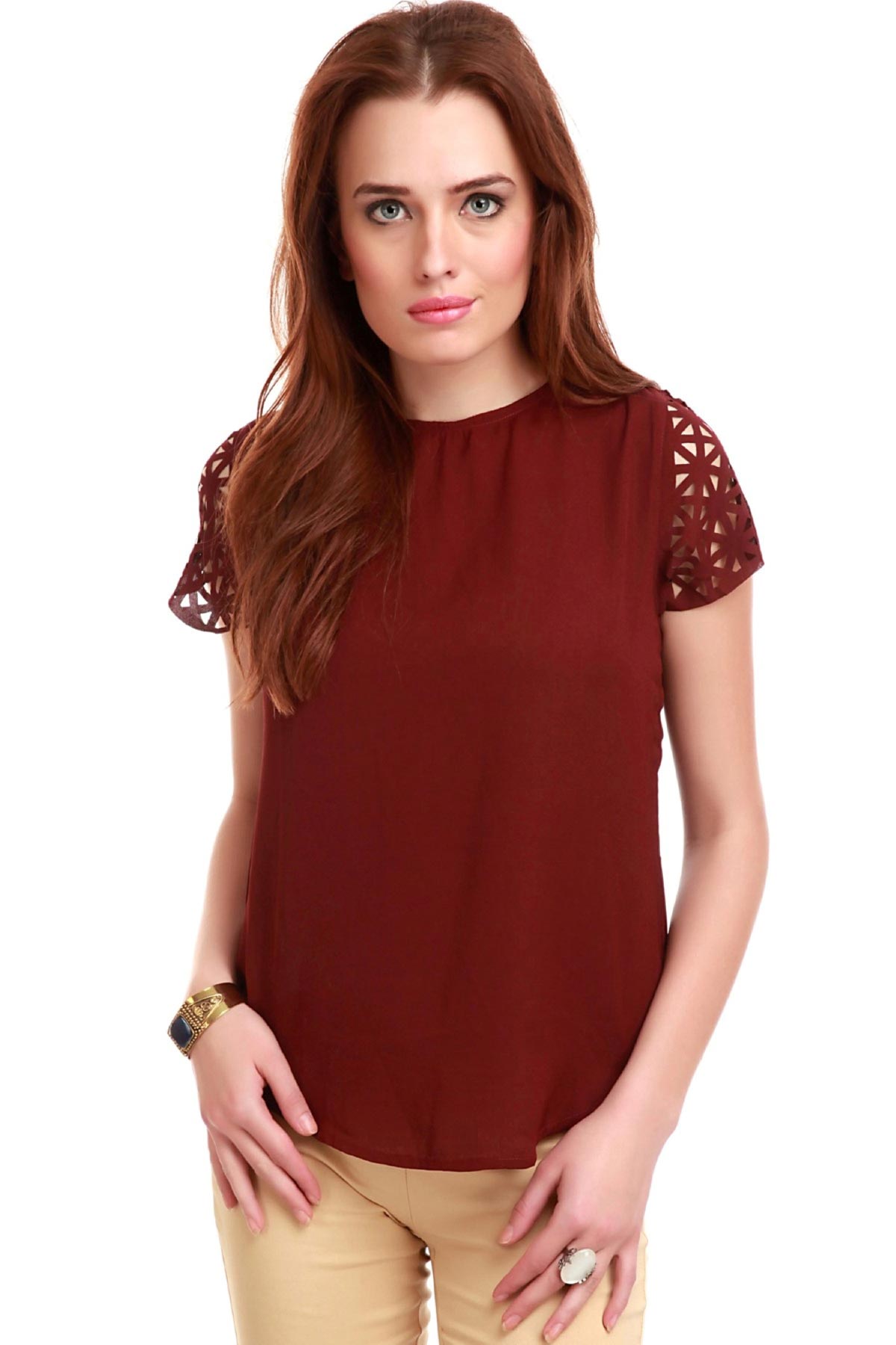 Women's Laser Sleeves Maroon Top - SASSAFRAS