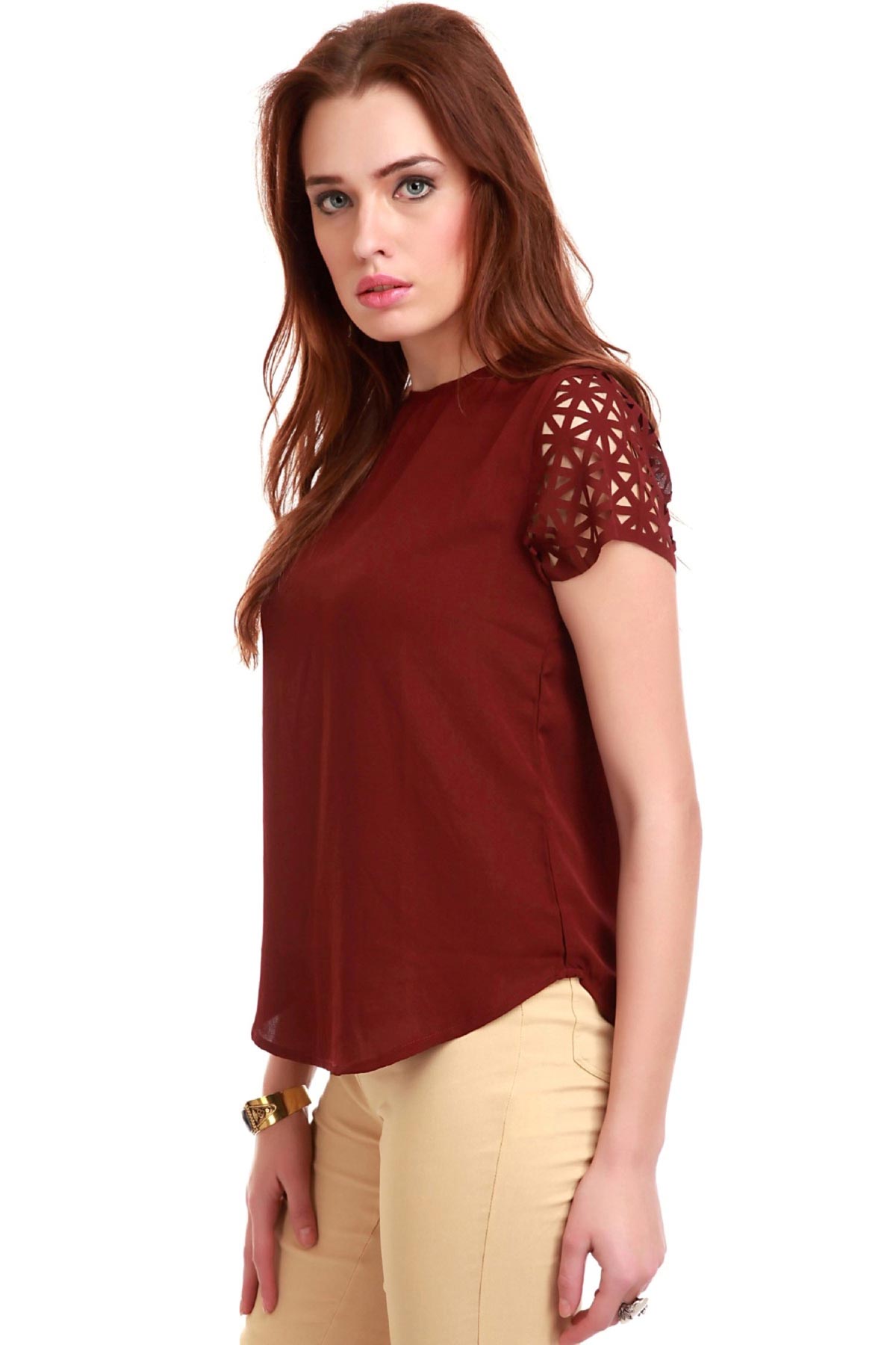 Women's Laser Sleeves Maroon Top - SASSAFRAS