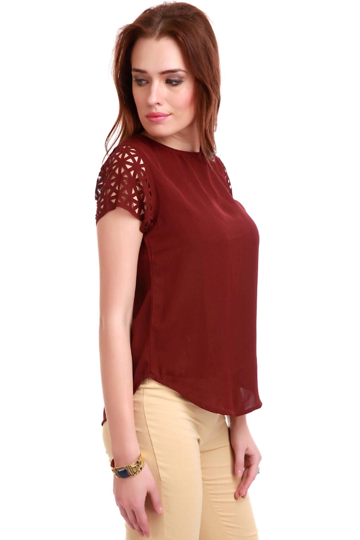 Women's Laser Sleeves Maroon Top - SASSAFRAS