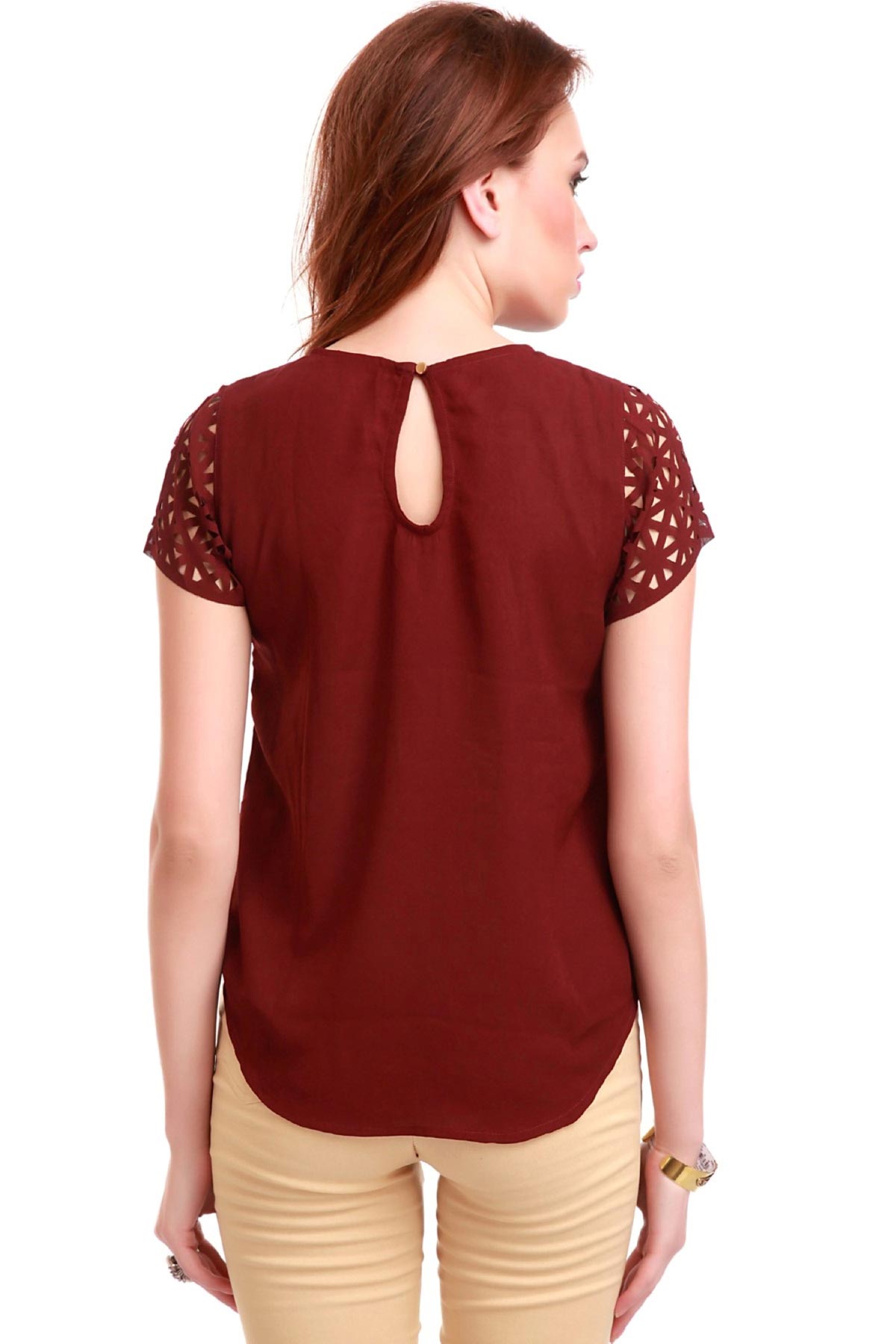 Women's Laser Sleeves Maroon Top - SASSAFRAS