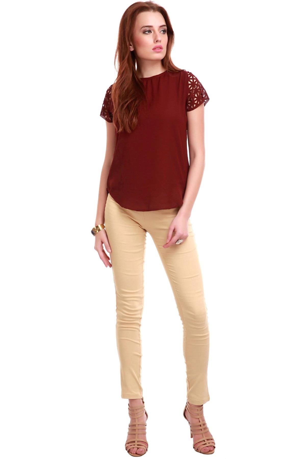 Women's Laser Sleeves Maroon Top - SASSAFRAS