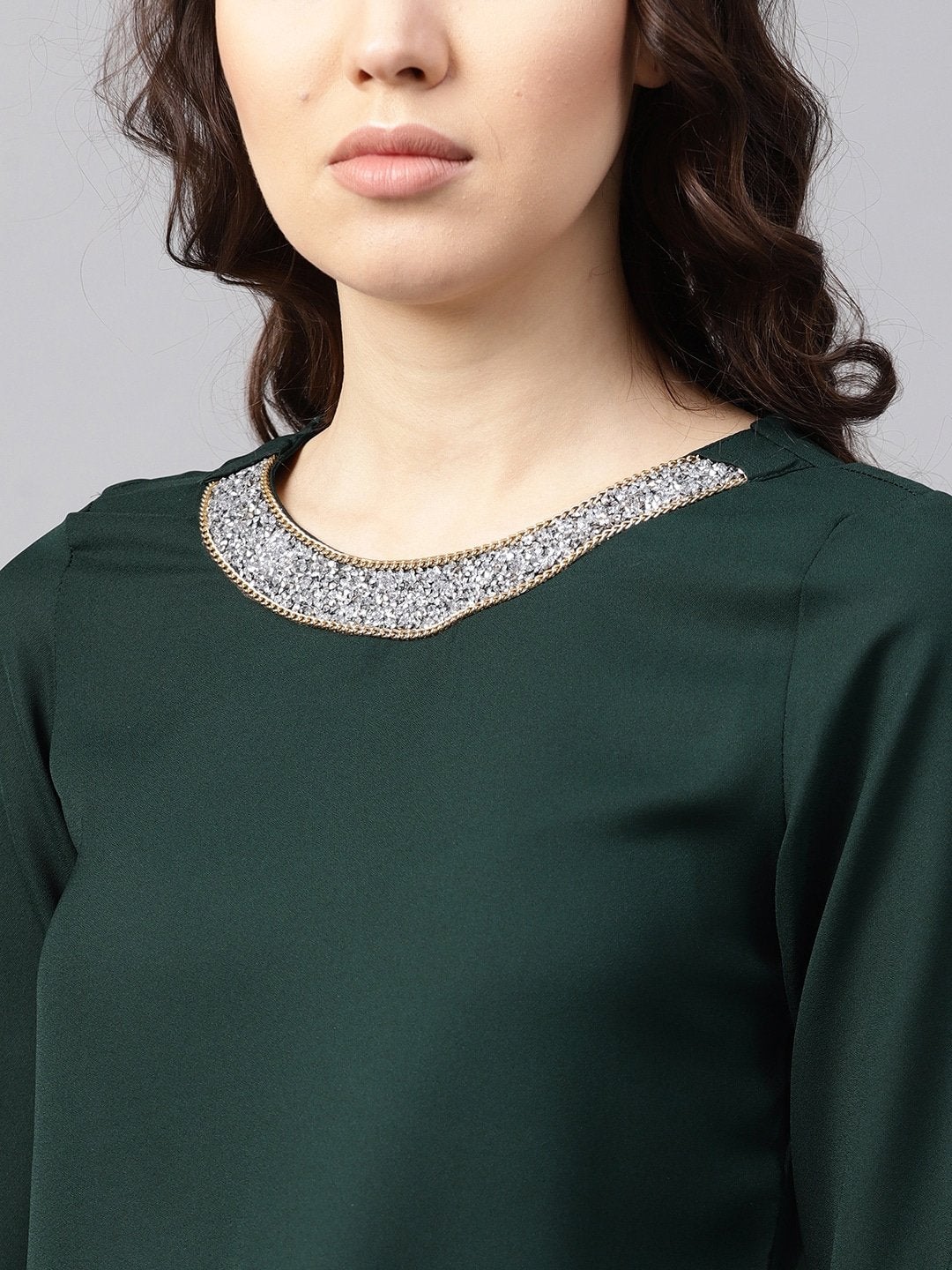 Women's Blingy Neck Green Top - SASSAFRAS