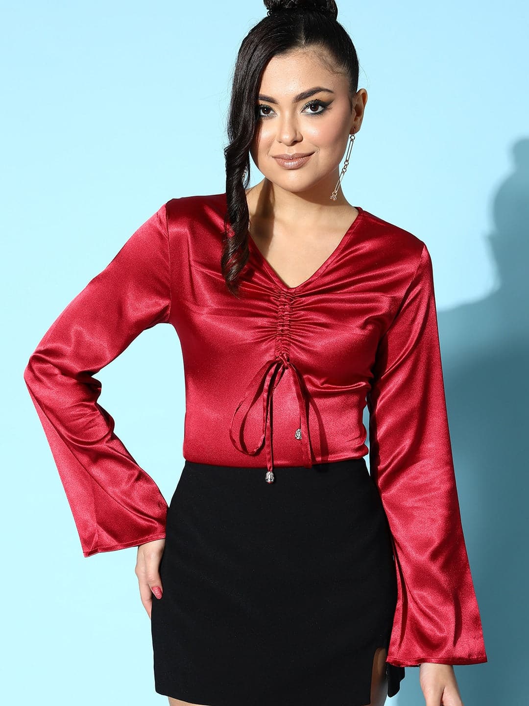 Women's Red Lycra Satin Ruched Bell Sleeves Top - Lyush