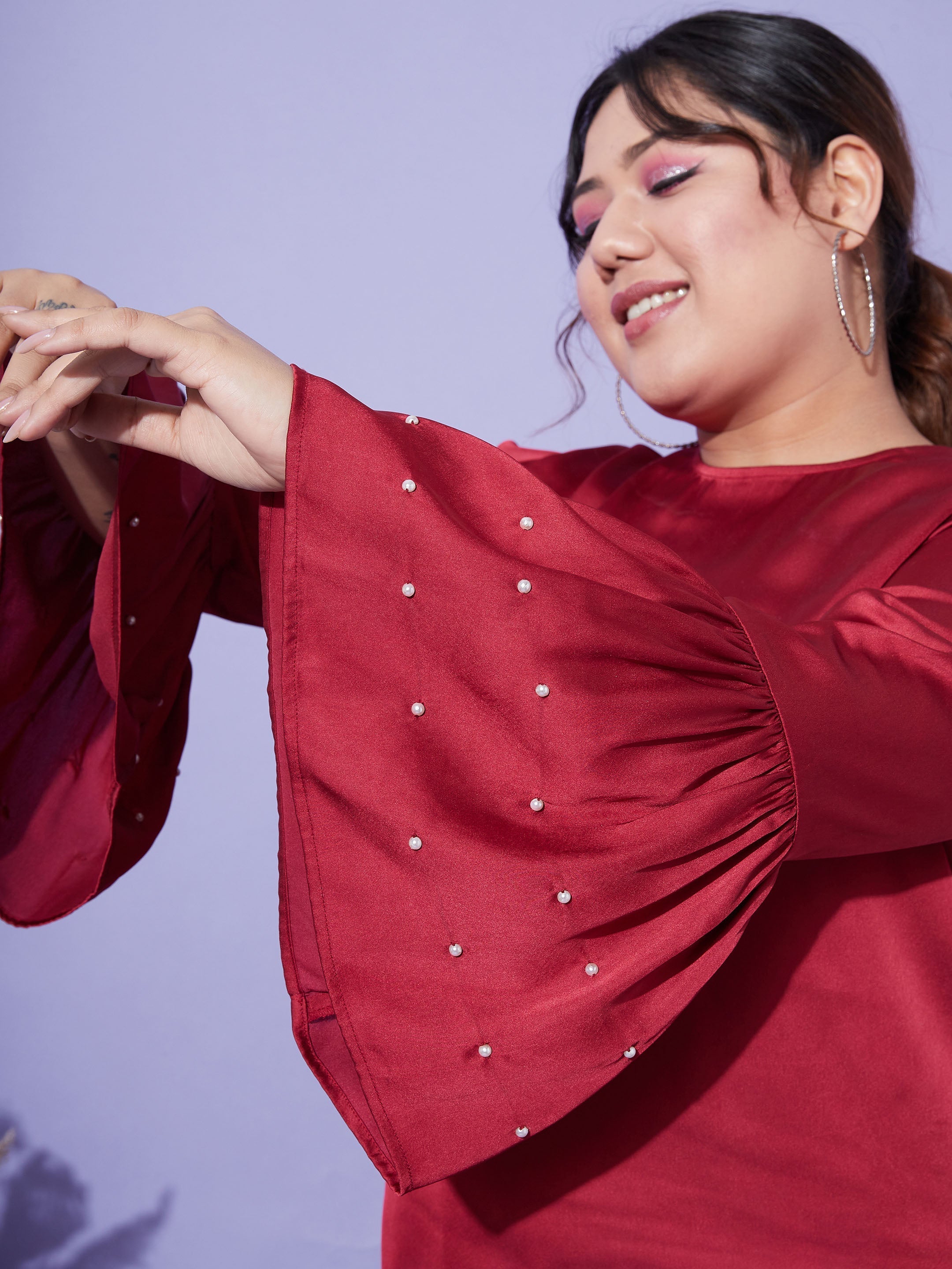 Women's Red Satin Bell Sleeves Frill Hem Top - SASSAFRAS