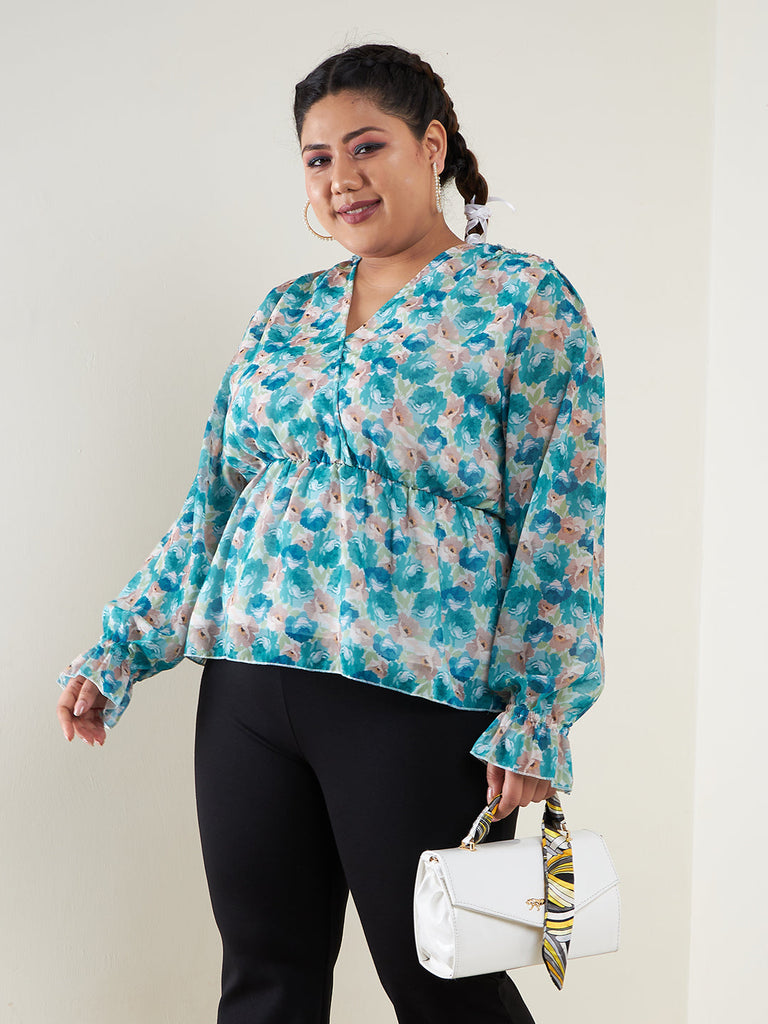 Women's Teal Floral Printed Top