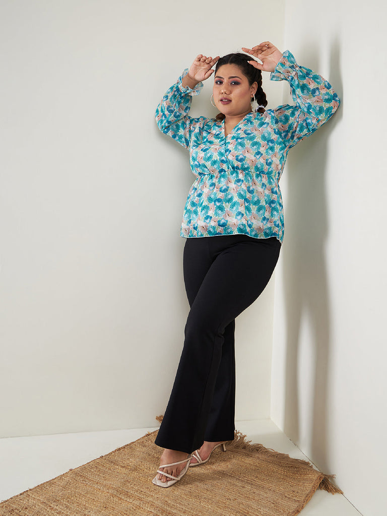 Women's Teal Floral Printed Top