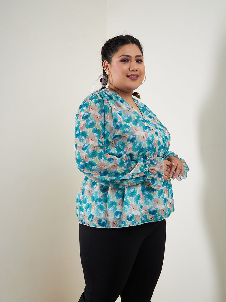 Women's Teal Floral Printed Top