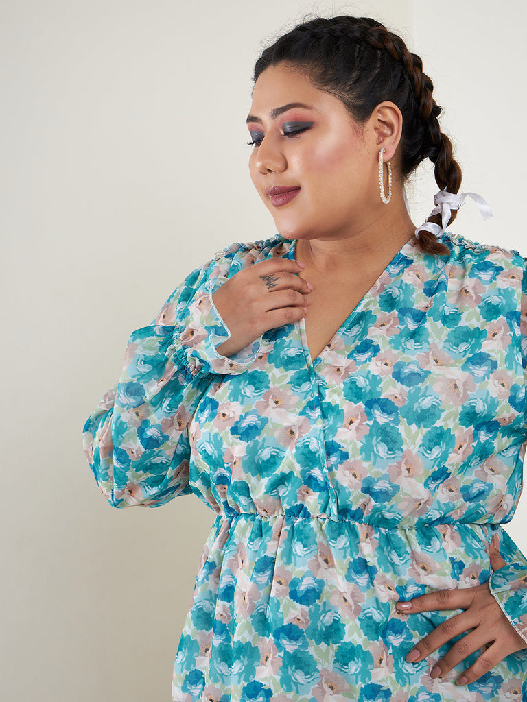 Women's Teal Floral Printed Top