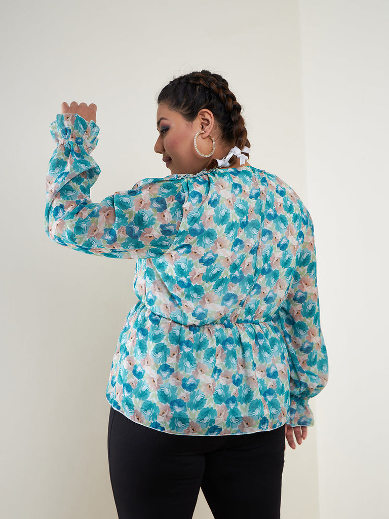 Women's Teal Floral Printed Top