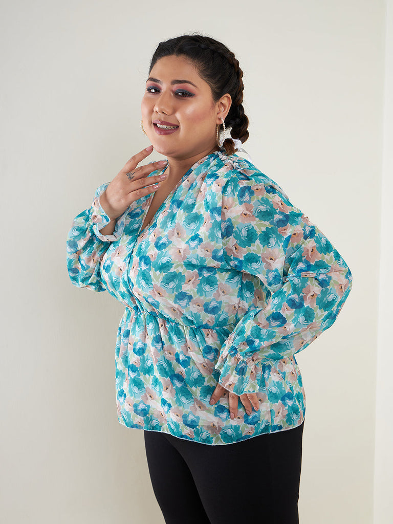 Women's Teal Floral Printed Top