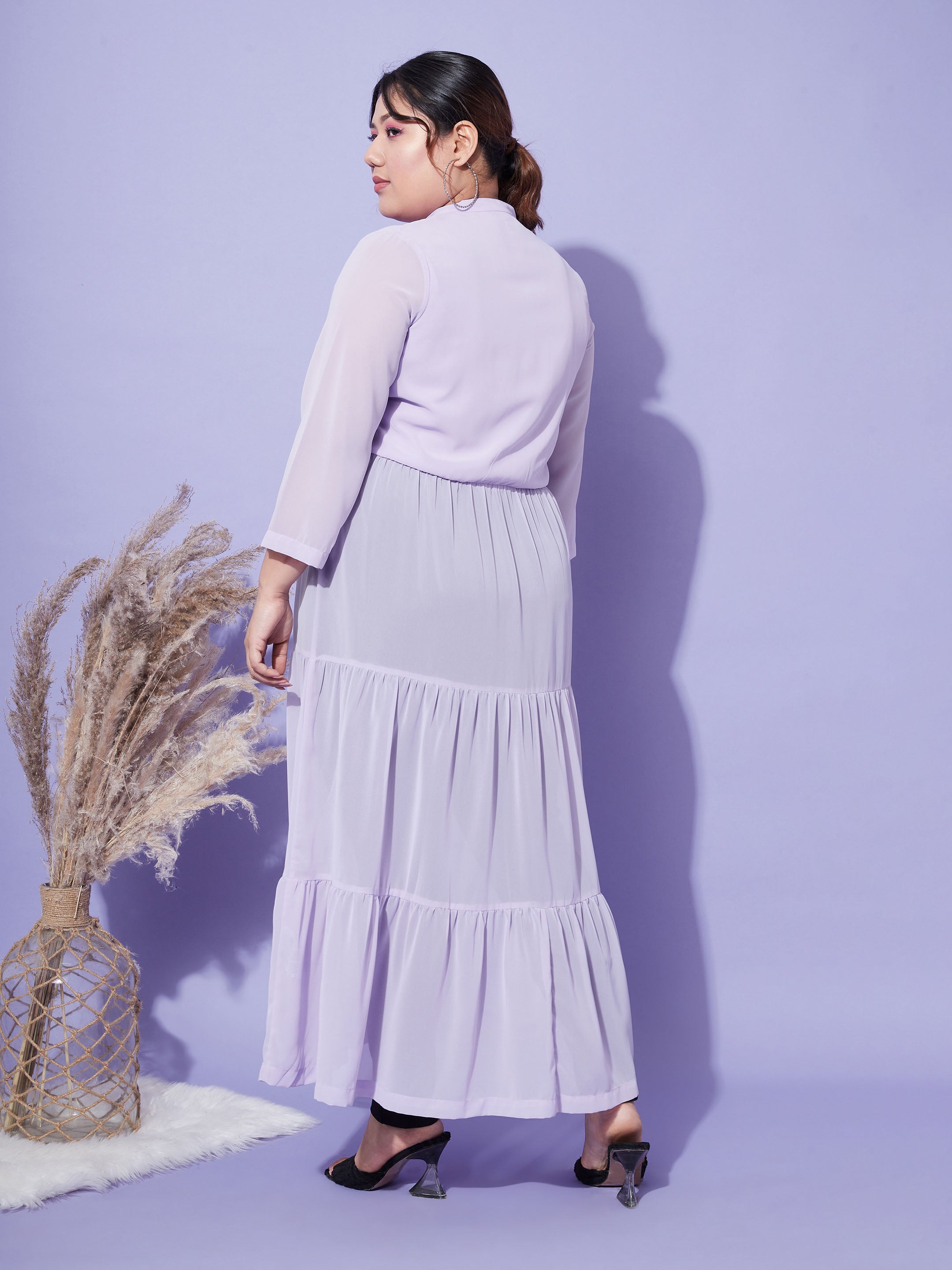 Women's Lavender Front Open Sheer Tiered Maxi Top - SASSAFRAS