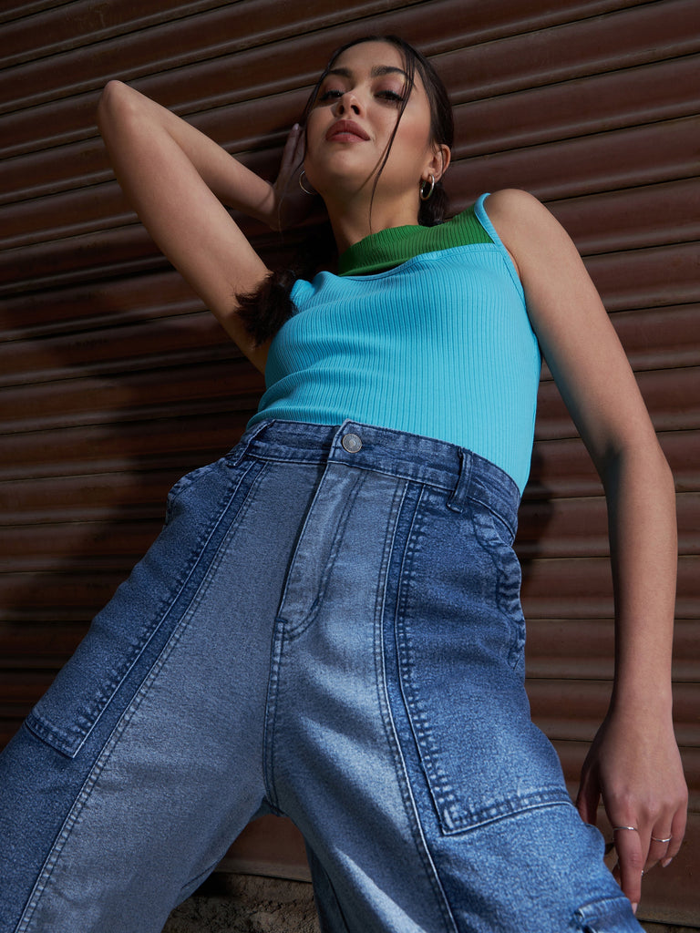 Women's Turquoise Rib Colorblock Cut Out Top