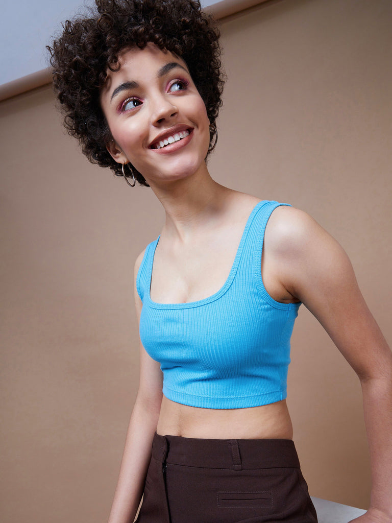 Women's Turquoise Rib Square Neck Cropped Tank Top