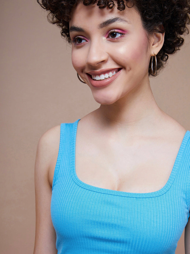 Women's Turquoise Rib Square Neck Cropped Tank Top