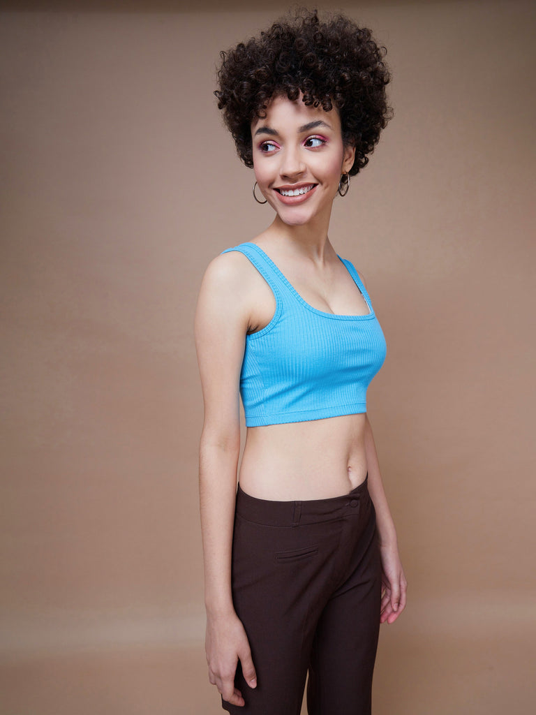 Women's Turquoise Rib Square Neck Cropped Tank Top