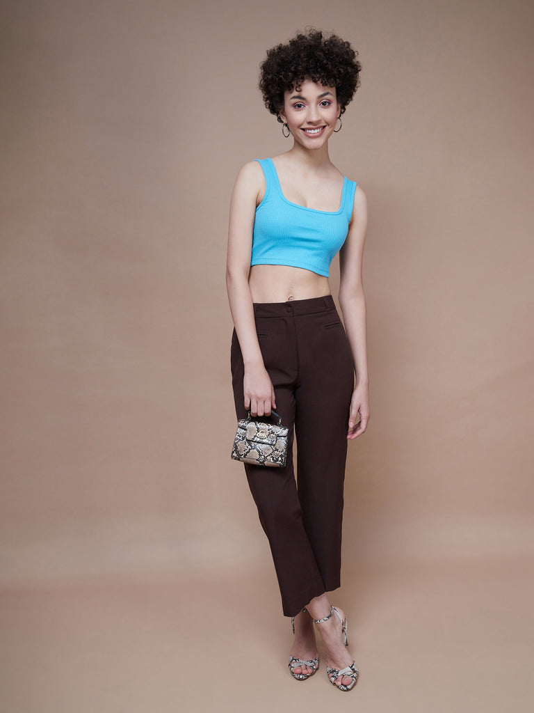 Women's Turquoise Rib Square Neck Cropped Tank Top