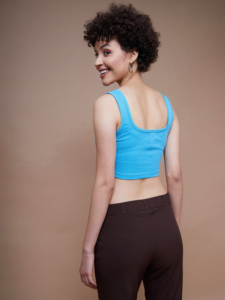 Women's Turquoise Rib Square Neck Cropped Tank Top