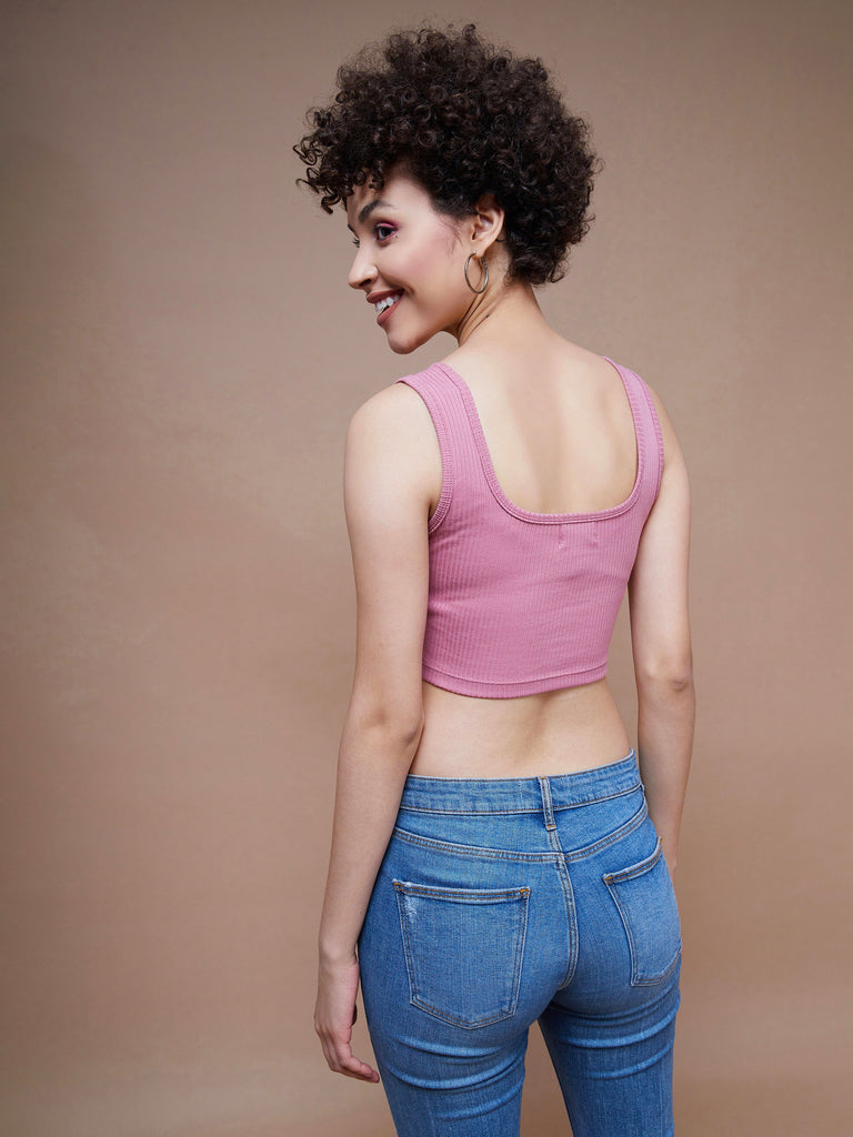 Women's Pink Rib Square Neck Cropped Tank Top