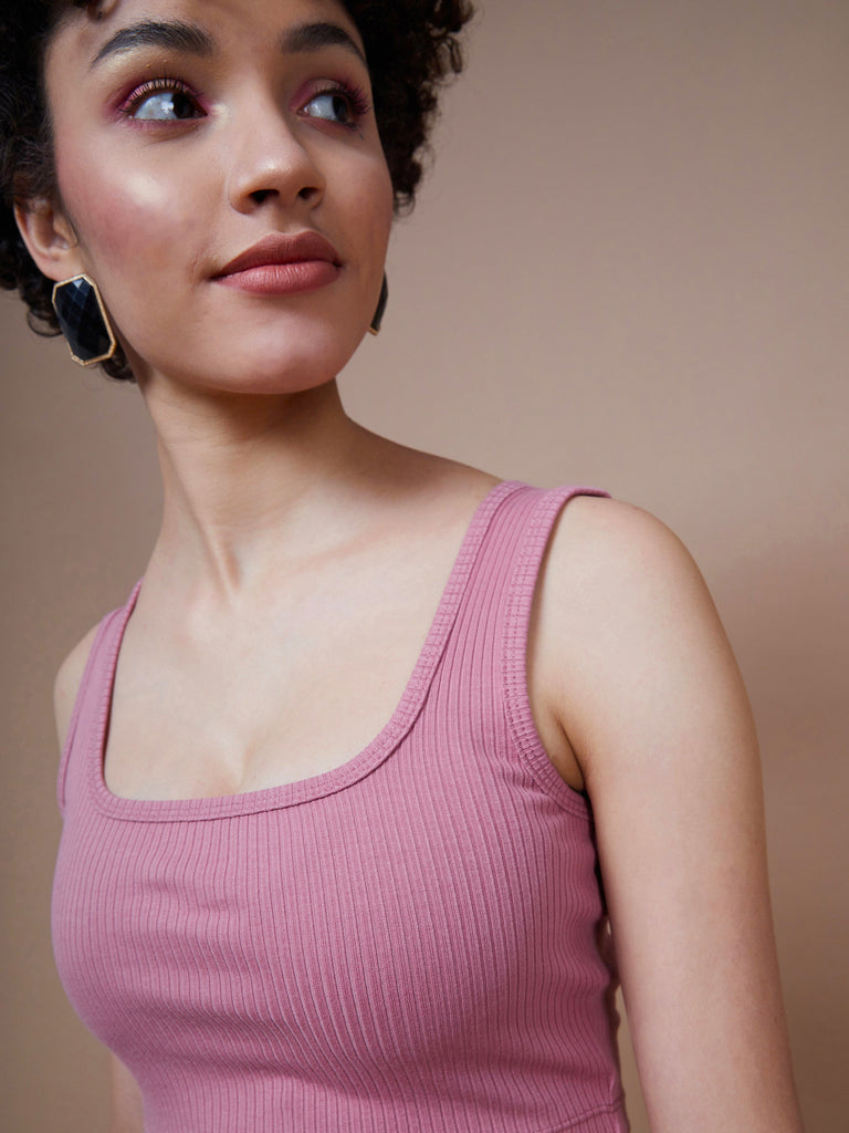 Women's Pink Rib Square Neck Cropped Tank Top