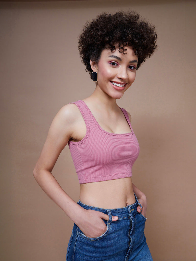 Women's Pink Rib Square Neck Cropped Tank Top