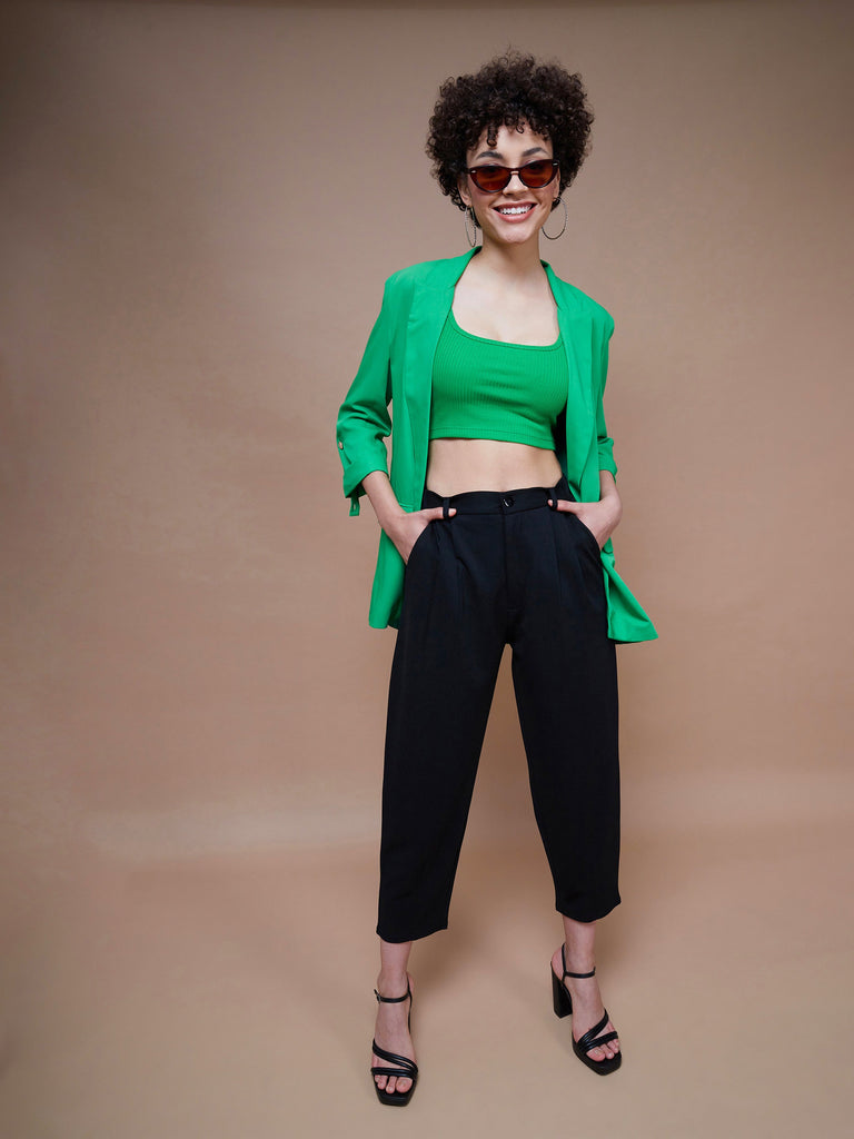 Women's Green Rib Square Neck Cropped Tank Top