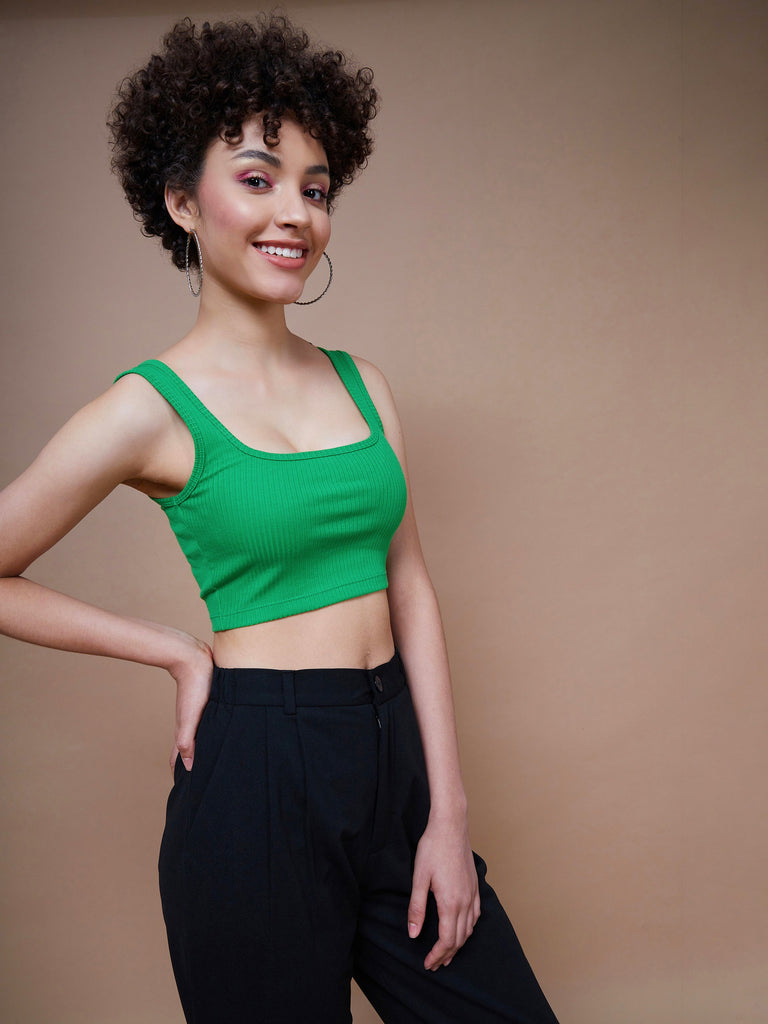 Women's Green Rib Square Neck Cropped Tank Top