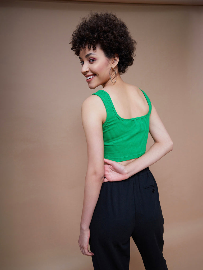 Women's Green Rib Square Neck Cropped Tank Top