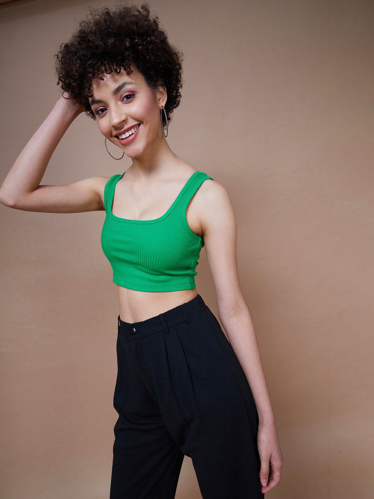 Women's Green Rib Square Neck Cropped Tank Top