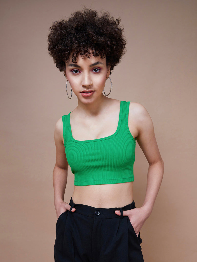 Women's Green Rib Square Neck Cropped Tank Top