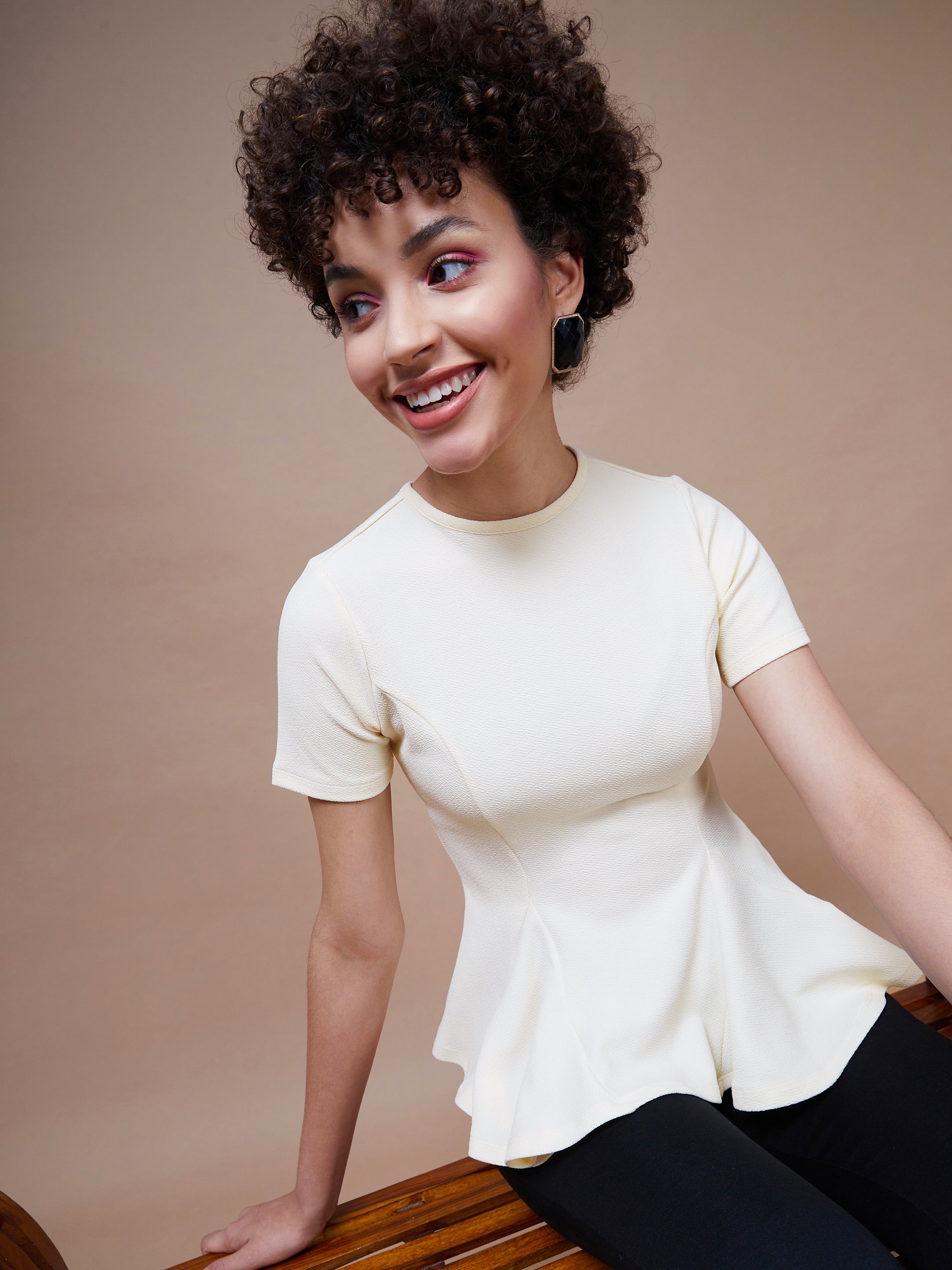 Women's Cream Short Sleeves Peplum Top - SASSAFRAS