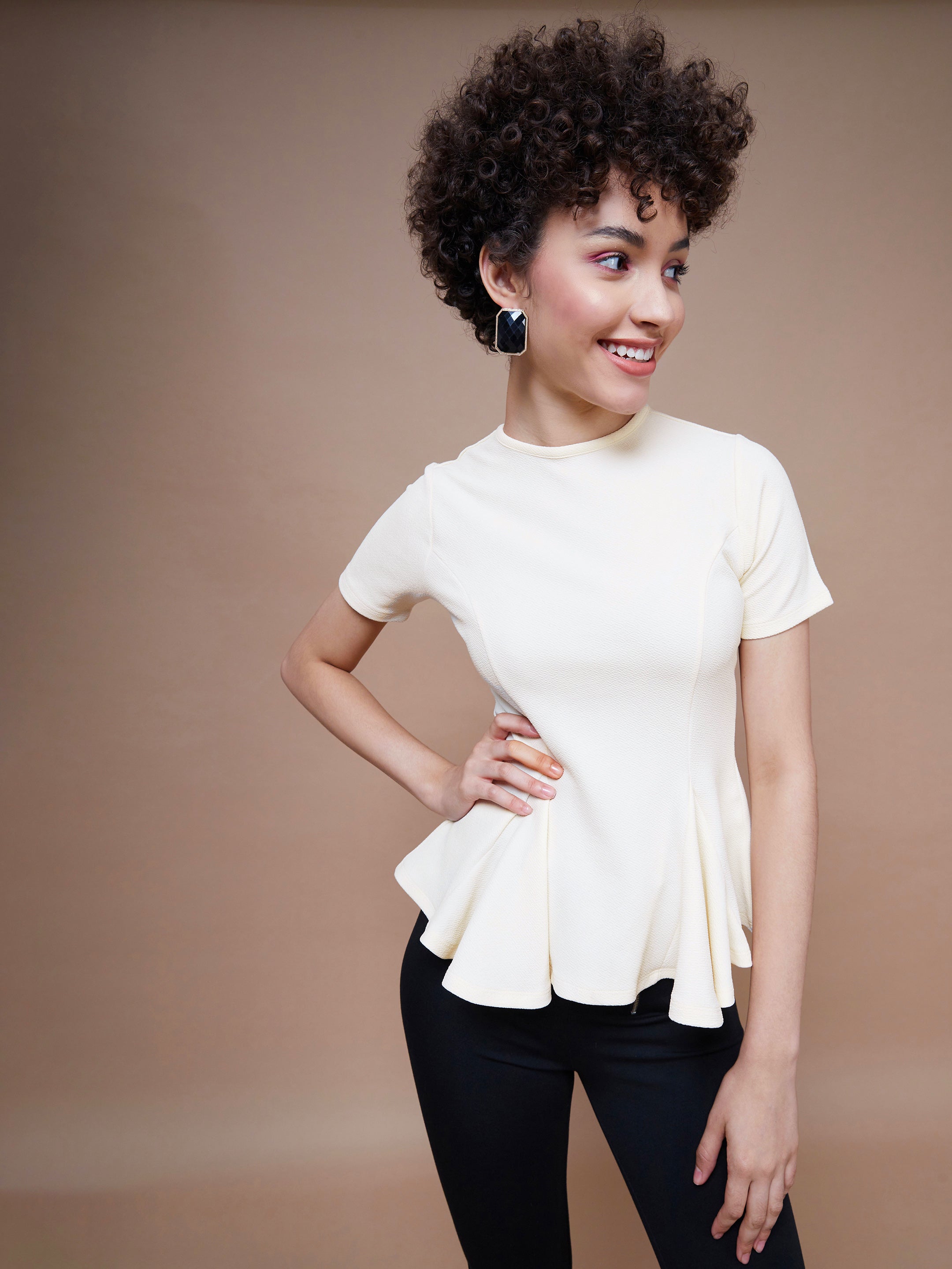 Women's Cream Short Sleeves Peplum Top - SASSAFRAS