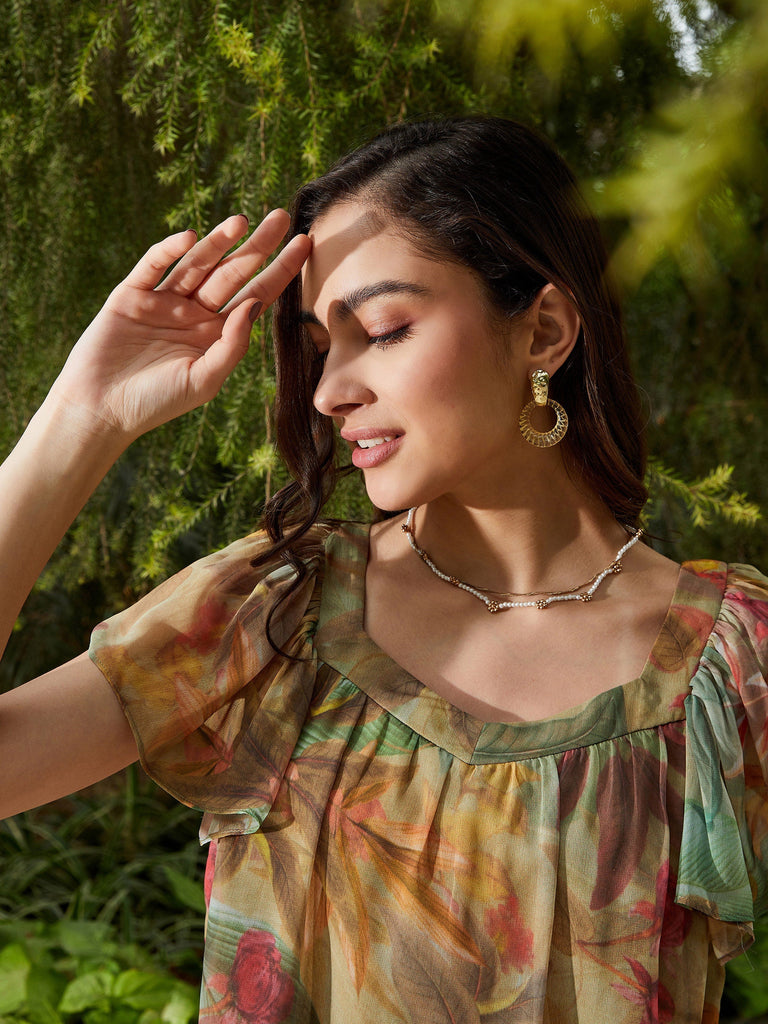 Women's Green Jungle Print Sweetheart Neck Top
