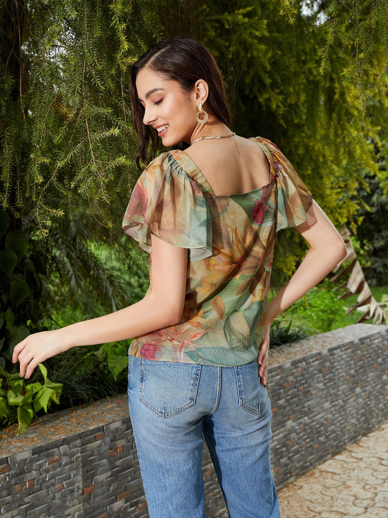 Women's Green Jungle Print Sweetheart Neck Top