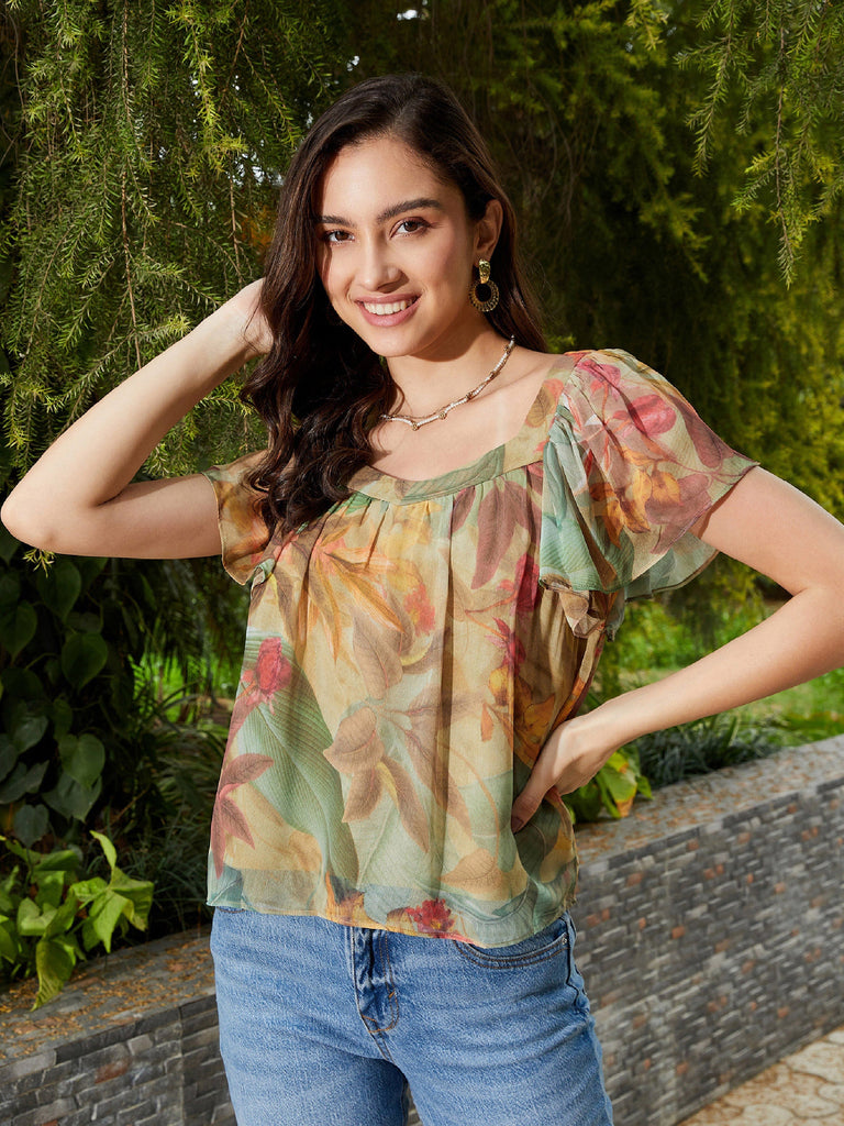 Women's Green Jungle Print Sweetheart Neck Top