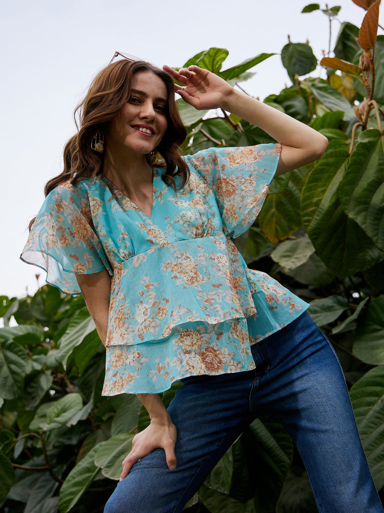 Women's Turquoise Floral Frill Hem Top