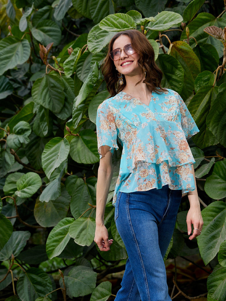 Women's Turquoise Floral Frill Hem Top
