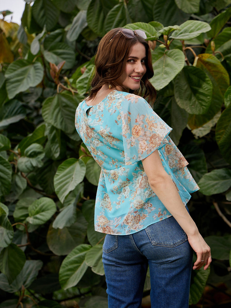 Women's Turquoise Floral Frill Hem Top