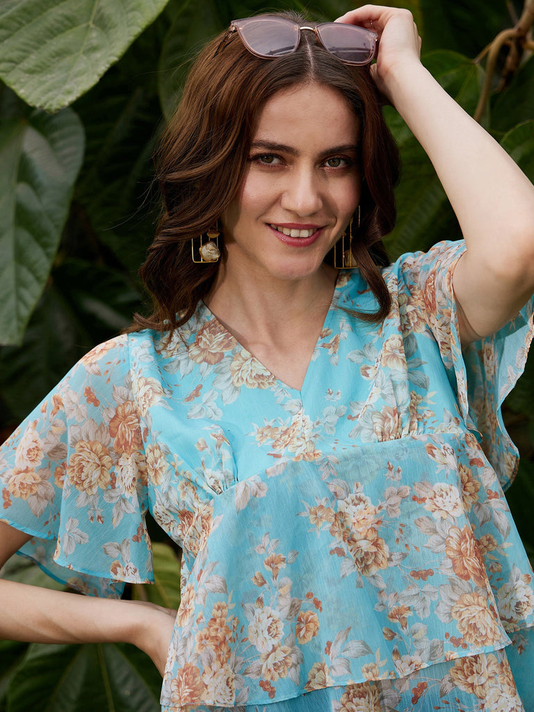 Women's Turquoise Floral Frill Hem Top