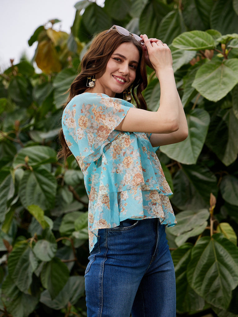 Women's Turquoise Floral Frill Hem Top