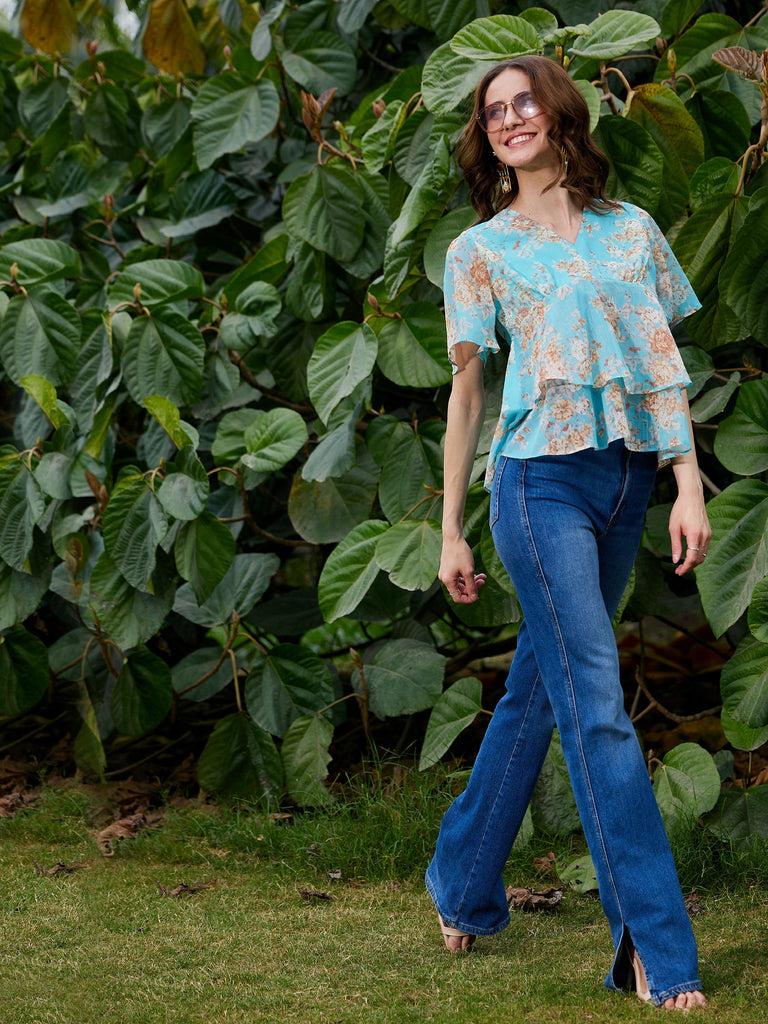 Women's Turquoise Floral Frill Hem Top